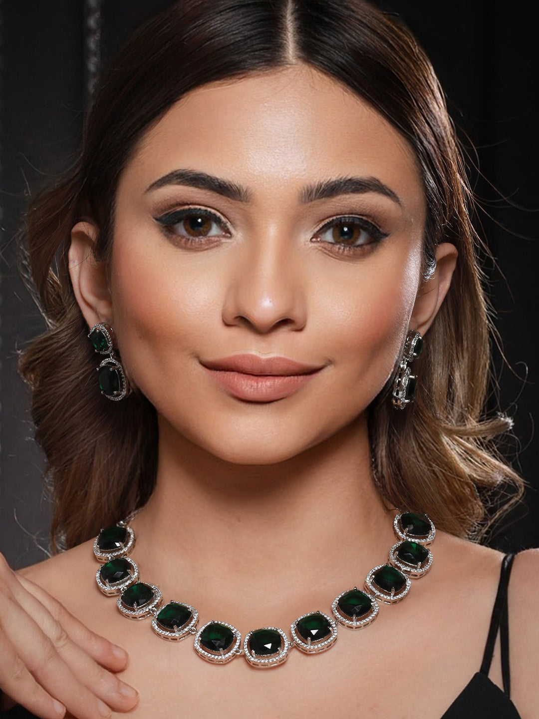 White Rhodium Plated Green CZ Studded Designer Jewellery Set